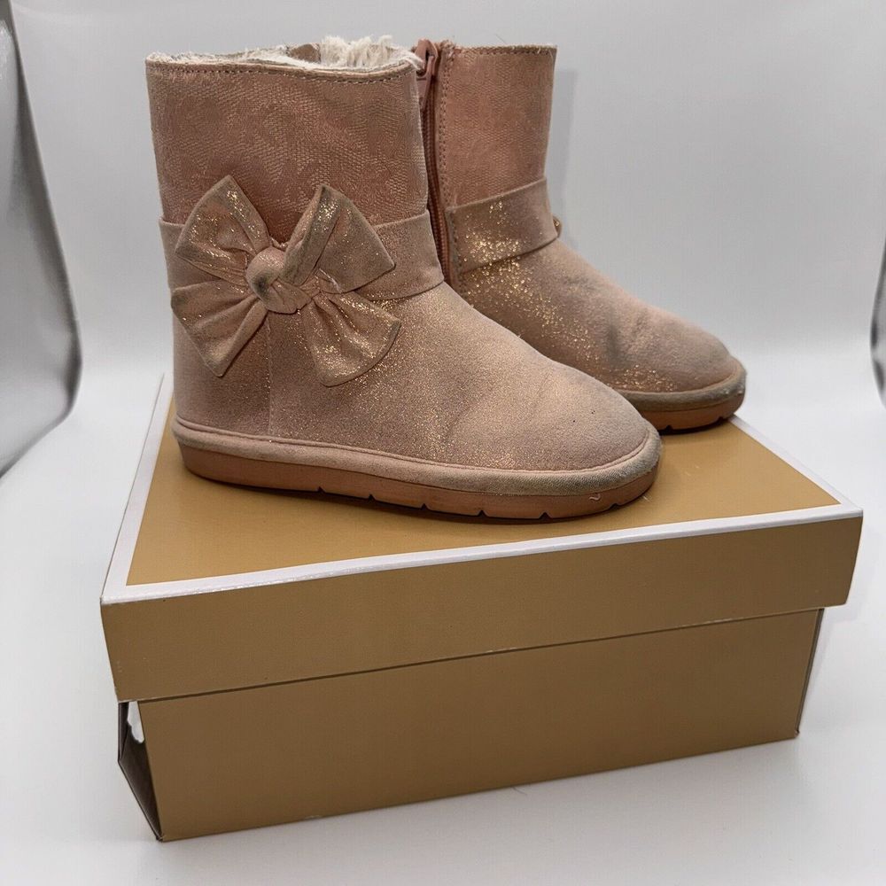 Michael Kors Girls Toddler Size 8 Pink Gold Shimmer Bow Faux Fur Winter Boots
